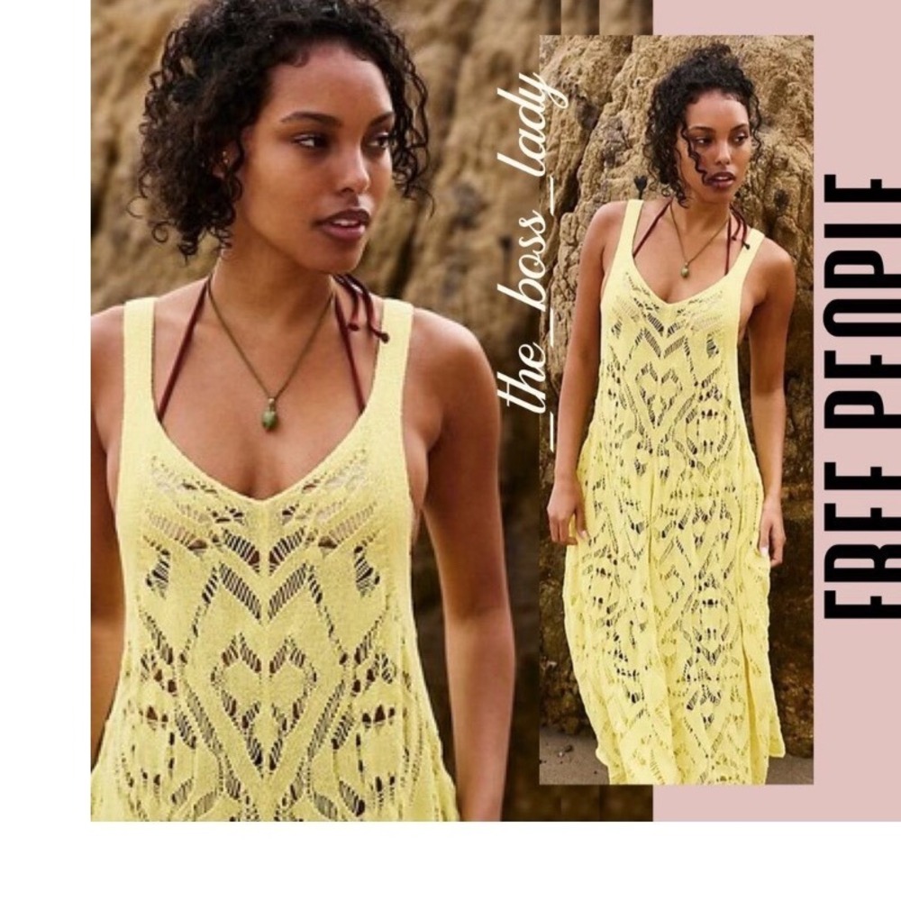 Free People Yellow Crochet Knit Madi Dress Sleeveless Pointelle Boho Beach XS